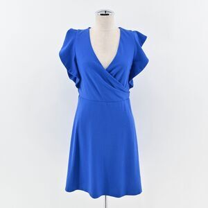 H by HALSTON Dress Sz 6 Blue Ruffle Flutter Sleeve Faux Wrap V Neck Jersey Shift